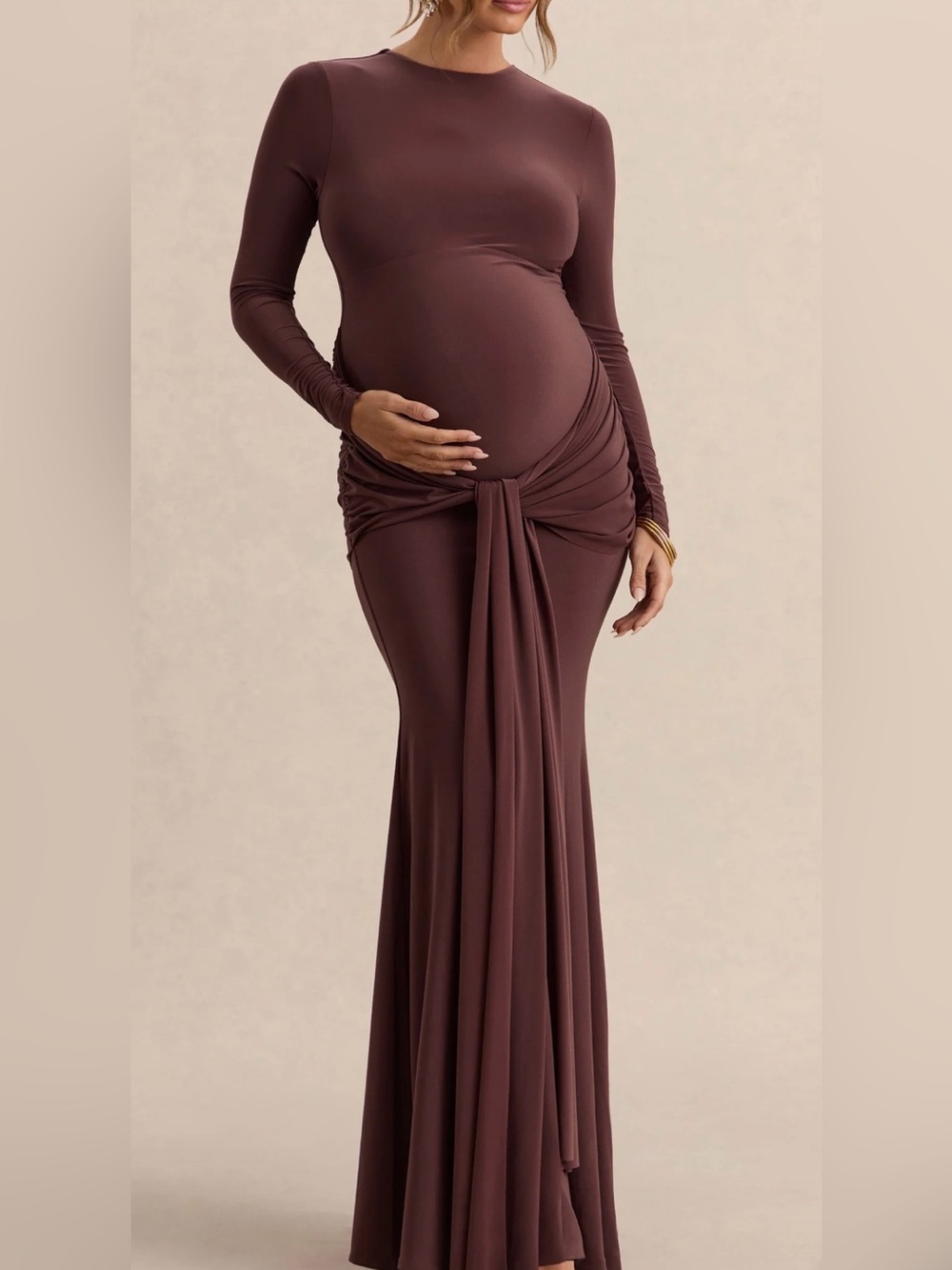 Club L London AVENY Brown Maternity Ruched Maxi Dress US 10 NEW Fall Baby Shower
